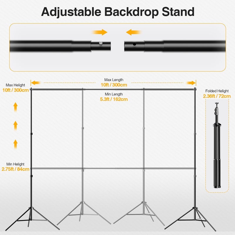 GLOSHOOTING Backdrop Stand, Photo Video Studio 10 x 10FT Adjustable Backdrop Stand, Background Support System Kit with 2 Crossbars, 6 Clamps, 2 Sandbags and Carry Bag for Photography Parties Wedding - Image 2